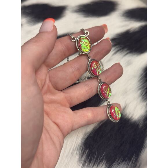 Native American Sterling Silver Pink Fire Opal 4 Stone Lariat Dangle Necklace - Picture 5 of 9